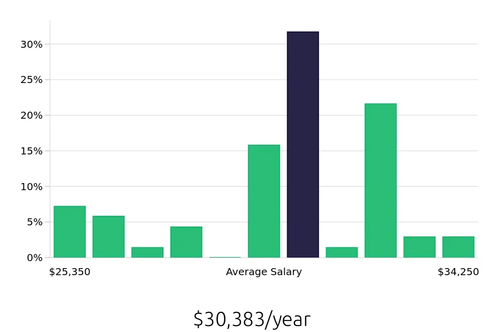 Graph depicting the yearly salary distribution for Team Member jobs in Geneva, IL, showing an average salary of $30,383 with varying distribution percentages across salary ranges.