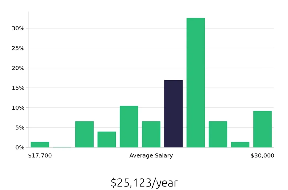 Graph depicting the yearly salary distribution for Team Member jobs in Granbury, TX, showing an average salary of $25,123 with varying distribution percentages across salary ranges.