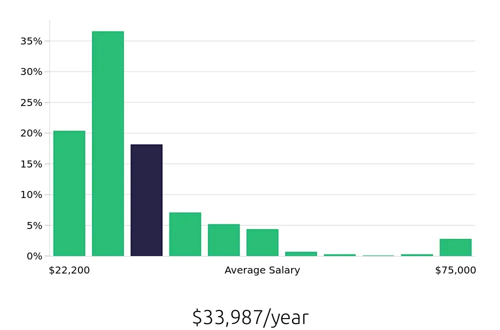 Graph depicting the yearly salary distribution for Team Member jobs in Grand Rapids, MI, showing an average salary of $33,987 with varying distribution percentages across salary ranges.