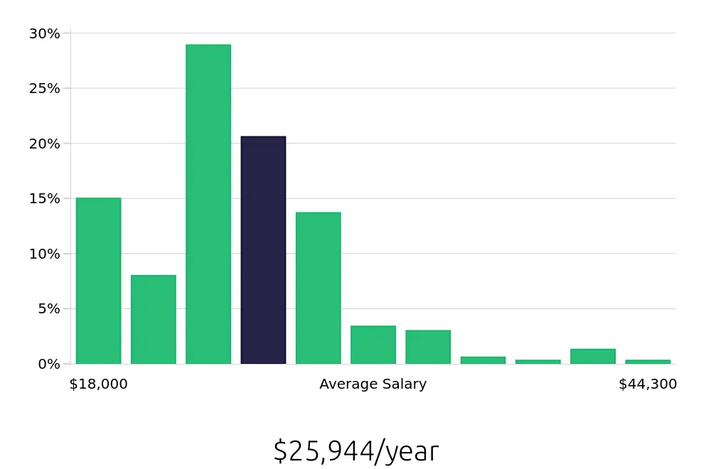 Graph depicting the yearly salary distribution for Team Member jobs in Greensboro, NC, showing an average salary of $25,944 with varying distribution percentages across salary ranges.