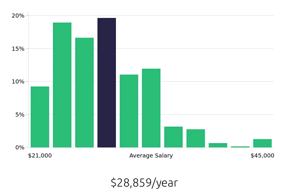 Graph depicting the yearly salary distribution for Team Member jobs in Greenville, SC, showing an average salary of $28,859 with varying distribution percentages across salary ranges.