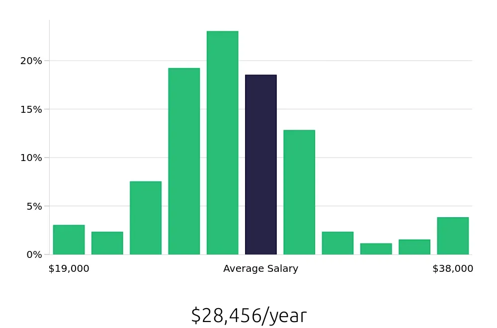 Graph depicting the yearly salary distribution for Team Member jobs in Grove City, OH, showing an average salary of $28,456 with varying distribution percentages across salary ranges.