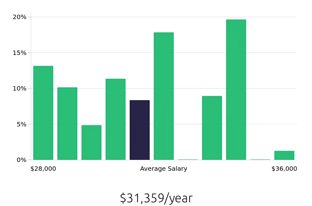 Graph depicting the yearly salary distribution for Team Member jobs in Hackensack, NJ, showing an average salary of $31,359 with varying distribution percentages across salary ranges.