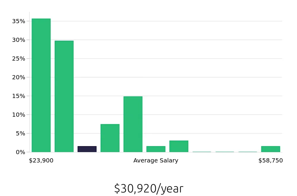Graph depicting the yearly salary distribution for Team Member jobs in Hallandale Beach, FL, showing an average salary of $30,920 with varying distribution percentages across salary ranges.