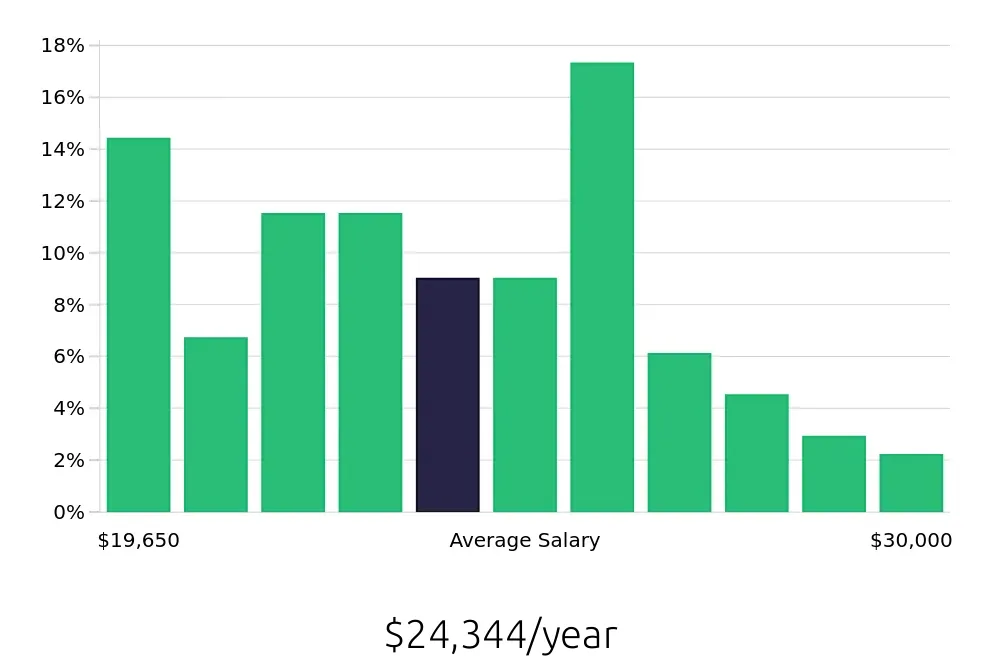 Graph depicting the yearly salary distribution for Team Member jobs in Hattiesburg, MS, showing an average salary of $24,344 with varying distribution percentages across salary ranges.
