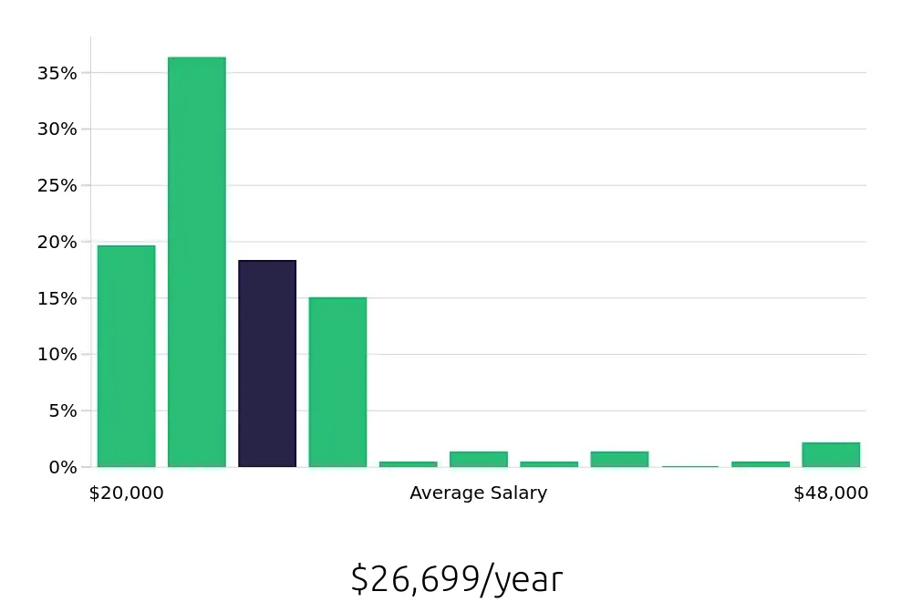 Graph depicting the yearly salary distribution for Team Member jobs in Hickory, NC, showing an average salary of $26,699 with varying distribution percentages across salary ranges.