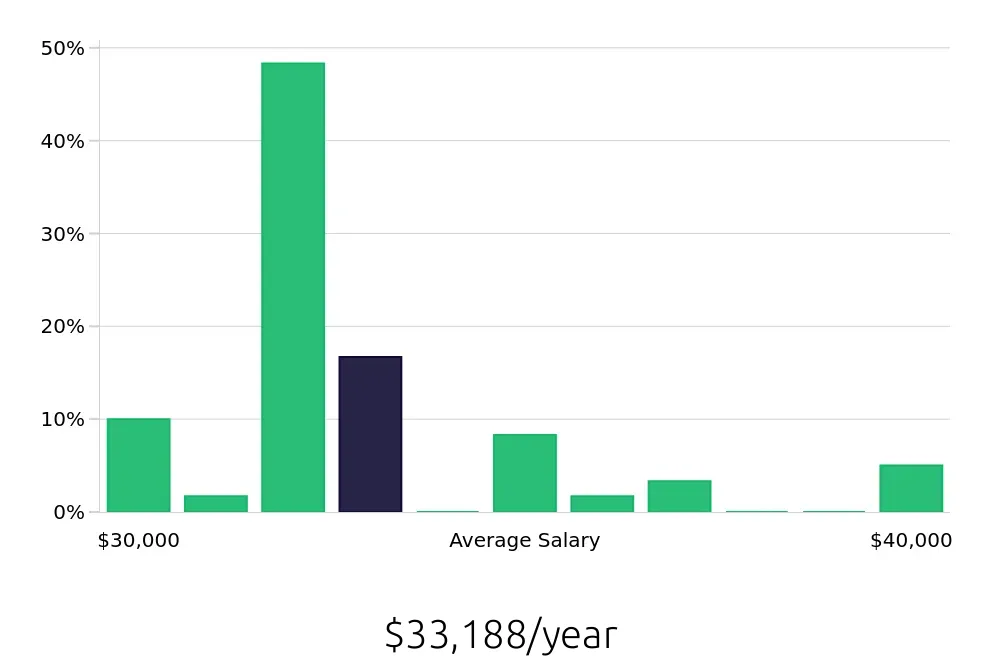 Graph depicting the yearly salary distribution for Team Member jobs in Huntington, NY, showing an average salary of $33,188 with varying distribution percentages across salary ranges.