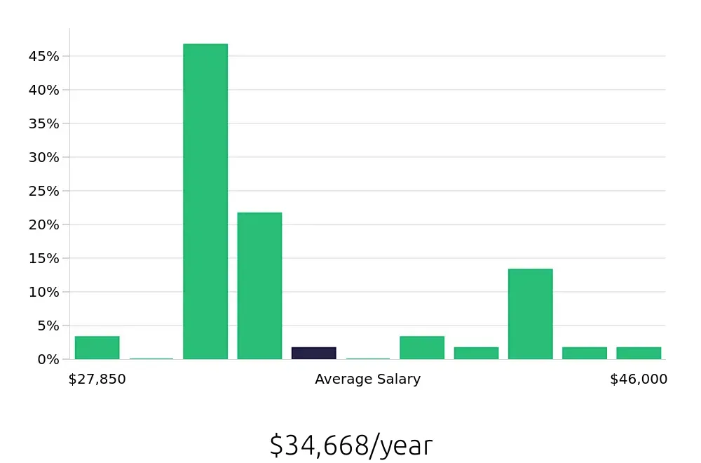 Graph depicting the yearly salary distribution for Team Member jobs in Huntington Station, NY, showing an average salary of $34,668 with varying distribution percentages across salary ranges.