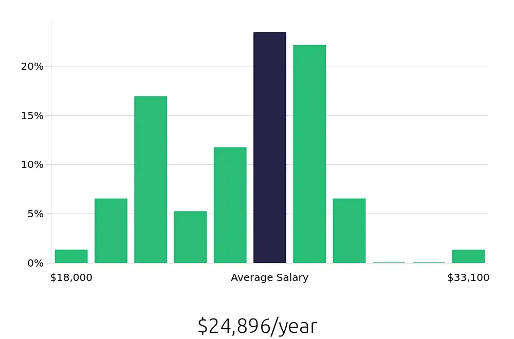 Graph depicting the yearly salary distribution for Team Member jobs in Huntington, WV, showing an average salary of $24,896 with varying distribution percentages across salary ranges.