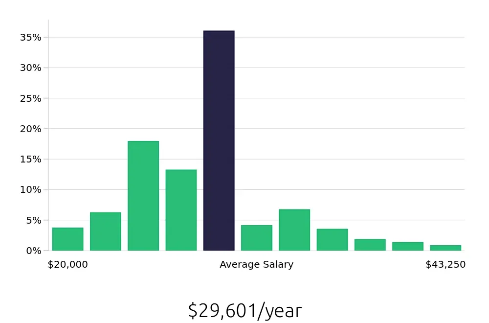Graph depicting the yearly salary distribution for Team Member jobs in Indianapolis, IN, showing an average salary of $29,601 with varying distribution percentages across salary ranges.
