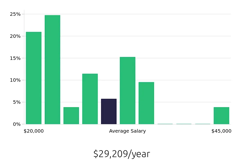 Graph depicting the yearly salary distribution for Team Member jobs in Johns Creek, GA, showing an average salary of $29,209 with varying distribution percentages across salary ranges.