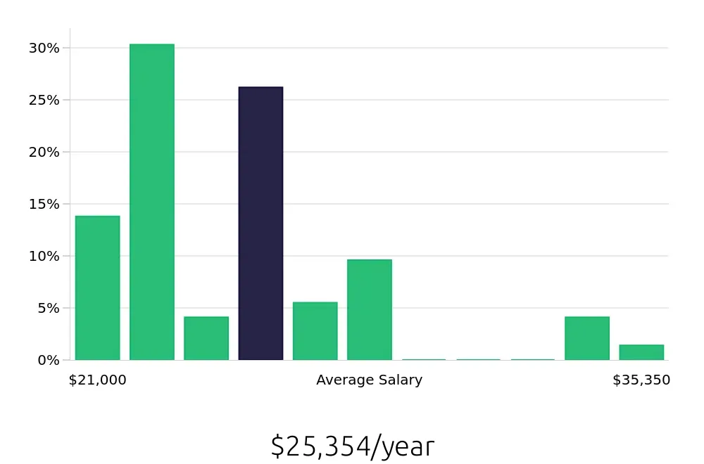 Graph depicting the yearly salary distribution for Team Member jobs in Jonesboro, GA, showing an average salary of $25,354 with varying distribution percentages across salary ranges.