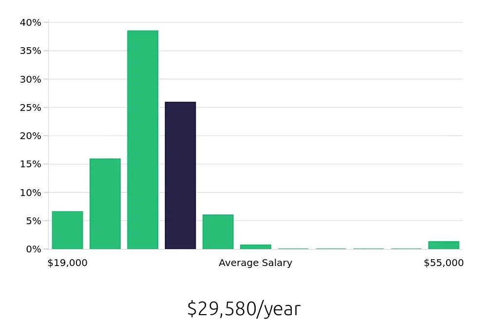 Graph depicting the yearly salary distribution for Team Member jobs in Jupiter, FL, showing an average salary of $29,580 with varying distribution percentages across salary ranges.