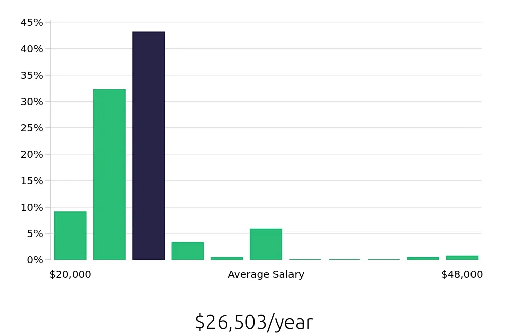 Graph depicting the yearly salary distribution for Team Member jobs in Keller, TX, showing an average salary of $26,503 with varying distribution percentages across salary ranges.