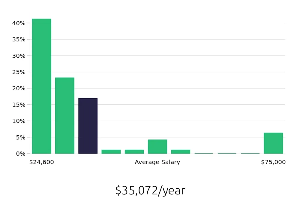 Graph depicting the yearly salary distribution for Team Member jobs in Kentwood, MI, showing an average salary of $35,072 with varying distribution percentages across salary ranges.