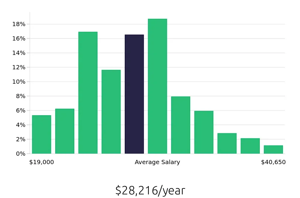Graph depicting the yearly salary distribution for Team Member jobs in Knoxville, TN, showing an average salary of $28,216 with varying distribution percentages across salary ranges.