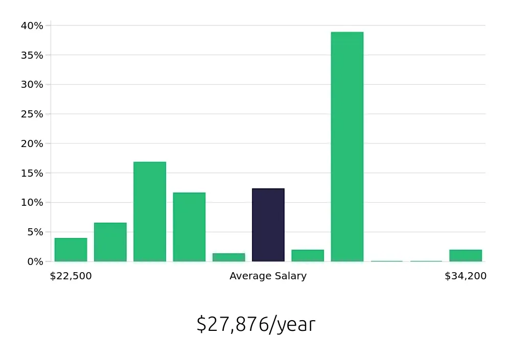 Graph depicting the yearly salary distribution for Team Member jobs in Kokomo, IN, showing an average salary of $27,876 with varying distribution percentages across salary ranges.
