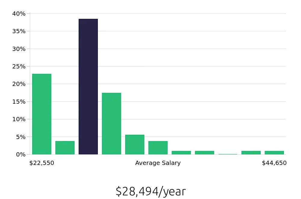 Graph depicting the yearly salary distribution for Team Member jobs in Ladson, SC, showing an average salary of $28,494 with varying distribution percentages across salary ranges.