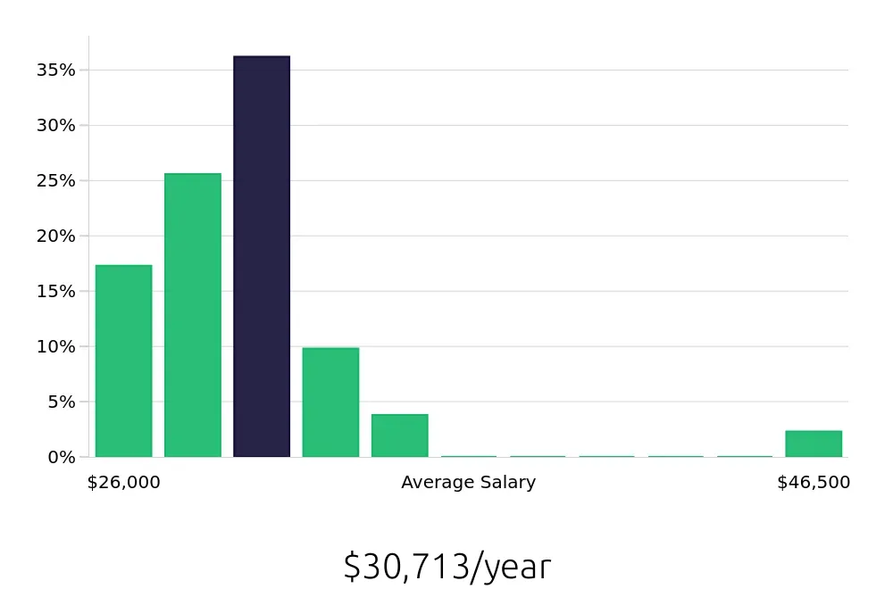 Graph depicting the yearly salary distribution for Team Member jobs in Lake Havasu City, AZ, showing an average salary of $30,713 with varying distribution percentages across salary ranges.