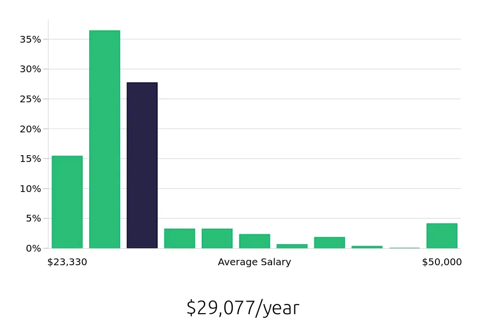 Graph depicting the yearly salary distribution for Team Member jobs in Lansing, MI, showing an average salary of $29,077 with varying distribution percentages across salary ranges.