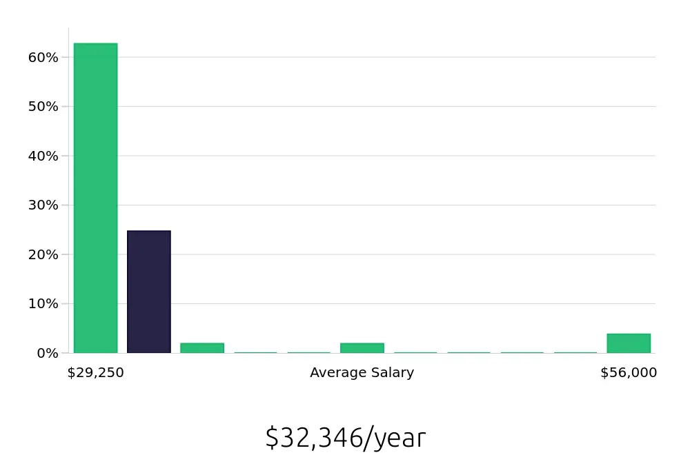 Graph depicting the yearly salary distribution for Team Member jobs in Leominster, MA, showing an average salary of $32,346 with varying distribution percentages across salary ranges.