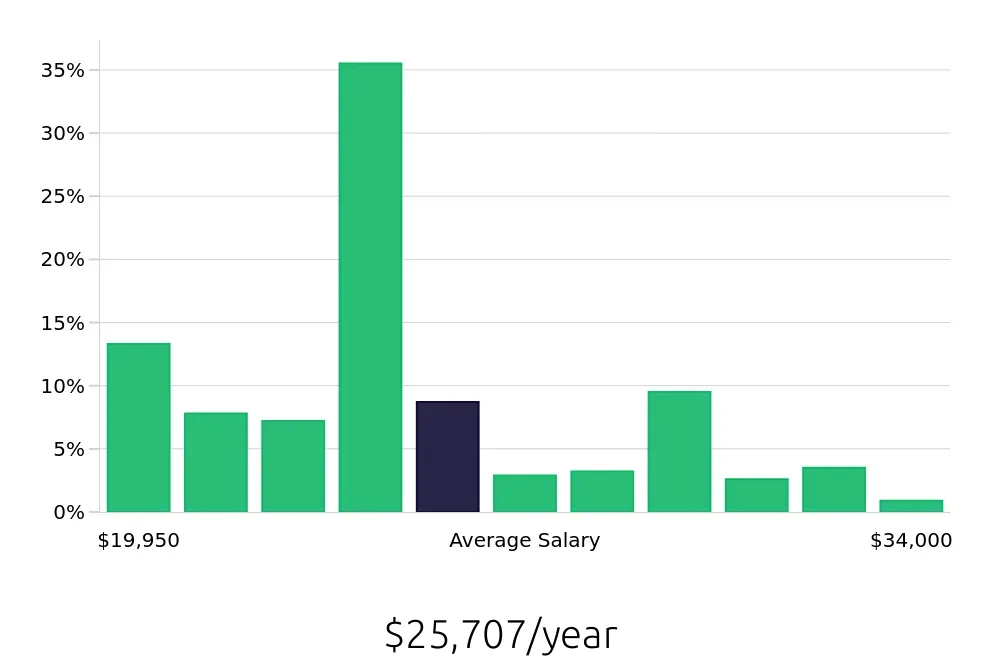 Graph depicting the yearly salary distribution for Team Member jobs in Lewisville, TX, showing an average salary of $25,707 with varying distribution percentages across salary ranges.