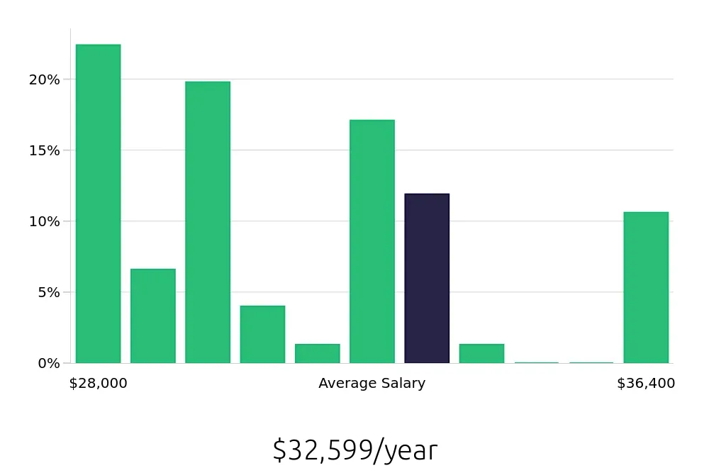 Graph depicting the yearly salary distribution for Team Member jobs in Linden, NJ, showing an average salary of $32,599 with varying distribution percentages across salary ranges.
