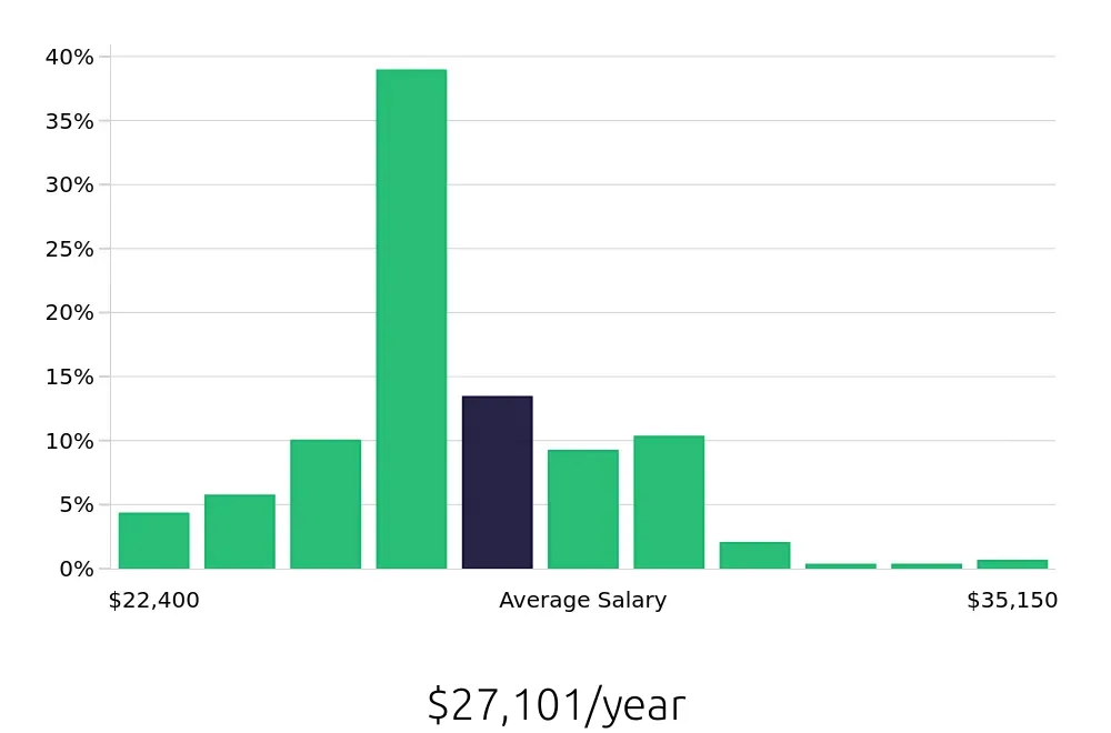 Graph depicting the yearly salary distribution for Team Member jobs in Livonia, MI, showing an average salary of $27,101 with varying distribution percentages across salary ranges.