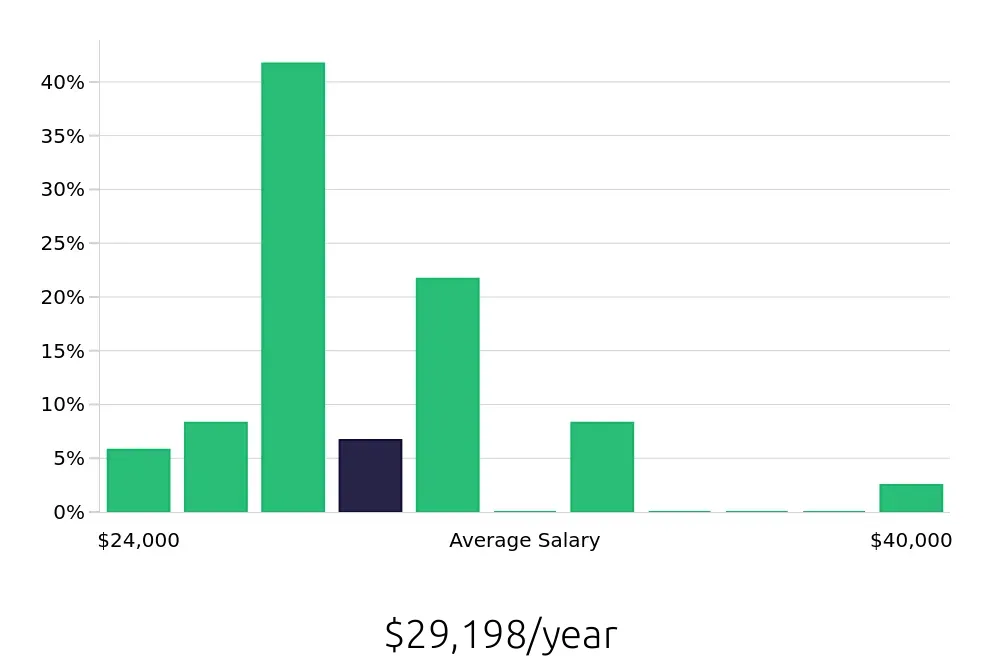 Graph depicting the yearly salary distribution for Team Member jobs in Manassas, VA, showing an average salary of $29,198 with varying distribution percentages across salary ranges.
