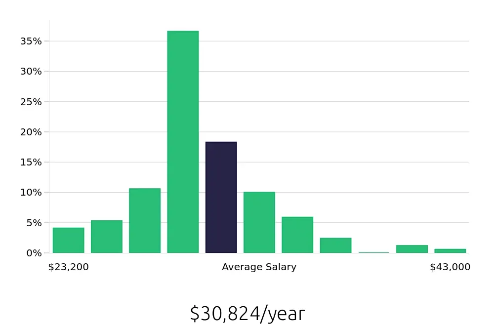 Graph depicting the yearly salary distribution for Team Member jobs in Mankato, MN, showing an average salary of $30,824 with varying distribution percentages across salary ranges.
