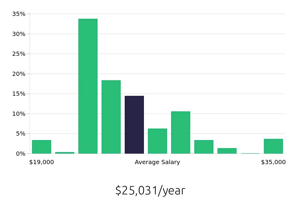 Graph depicting the yearly salary distribution for Team Member jobs in Maryville, TN, showing an average salary of $25,031 with varying distribution percentages across salary ranges.