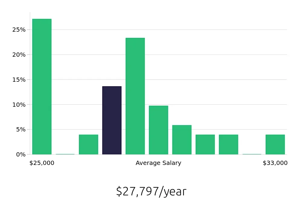 Graph depicting the yearly salary distribution for Team Member jobs in Mattoon, IL, showing an average salary of $27,797 with varying distribution percentages across salary ranges.
