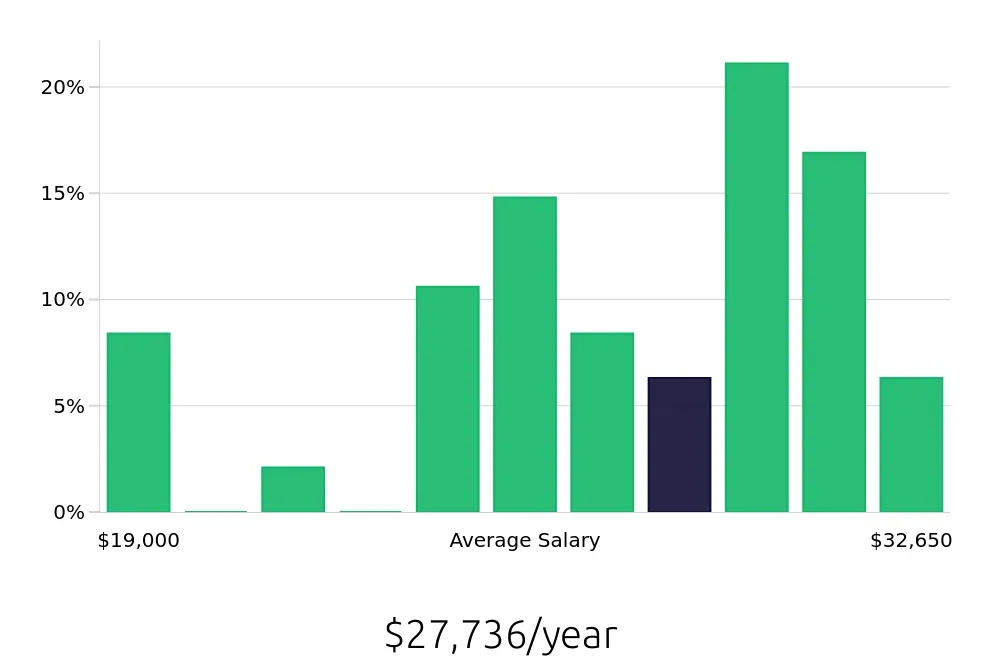 Graph depicting the yearly salary distribution for Team Member jobs in Meadville, PA, showing an average salary of $27,736 with varying distribution percentages across salary ranges.