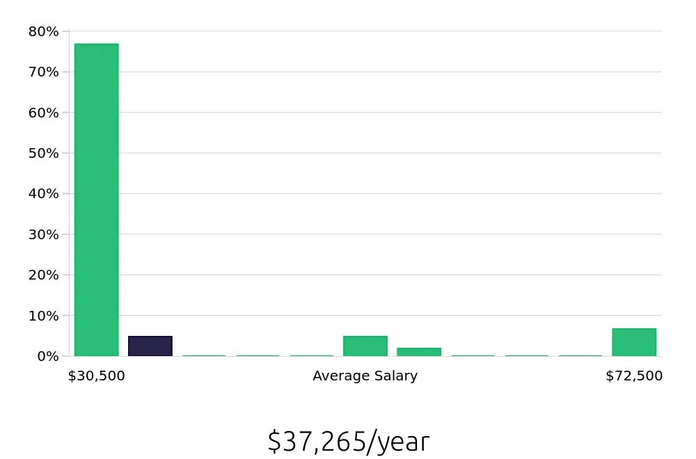 Graph depicting the yearly salary distribution for Team Member jobs in Melville, NY, showing an average salary of $37,265 with varying distribution percentages across salary ranges.