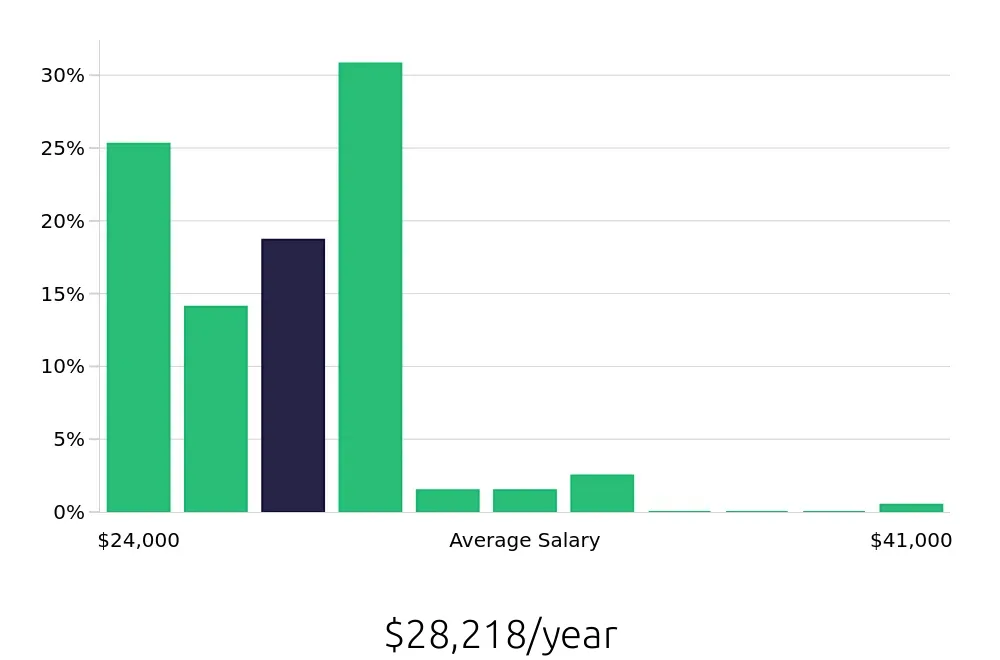 Graph depicting the yearly salary distribution for Team Member jobs in Mentor, OH, showing an average salary of $28,218 with varying distribution percentages across salary ranges.