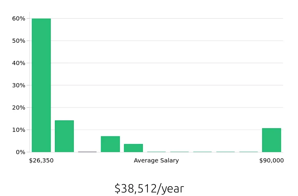 Graph depicting the yearly salary distribution for Team Member jobs in Meriden, CT, showing an average salary of $38,512 with varying distribution percentages across salary ranges.
