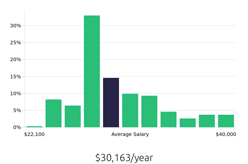 Graph depicting the yearly salary distribution for Team Member jobs in Meridian, ID, showing an average salary of $30,163 with varying distribution percentages across salary ranges.