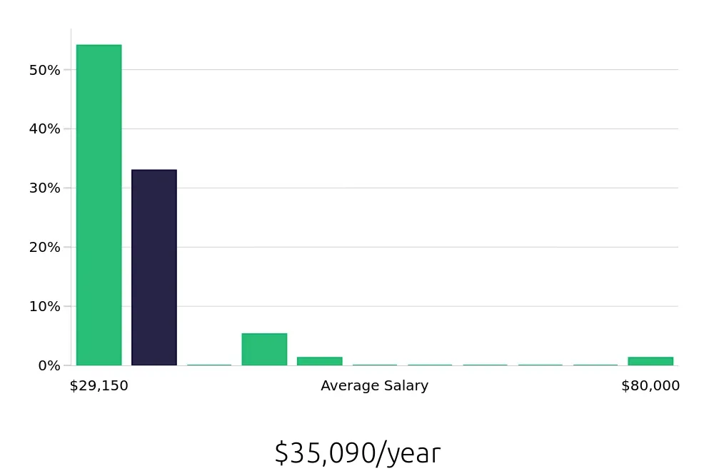 Graph depicting the yearly salary distribution for Team Member jobs in Methuen, MA, showing an average salary of $35,090 with varying distribution percentages across salary ranges.