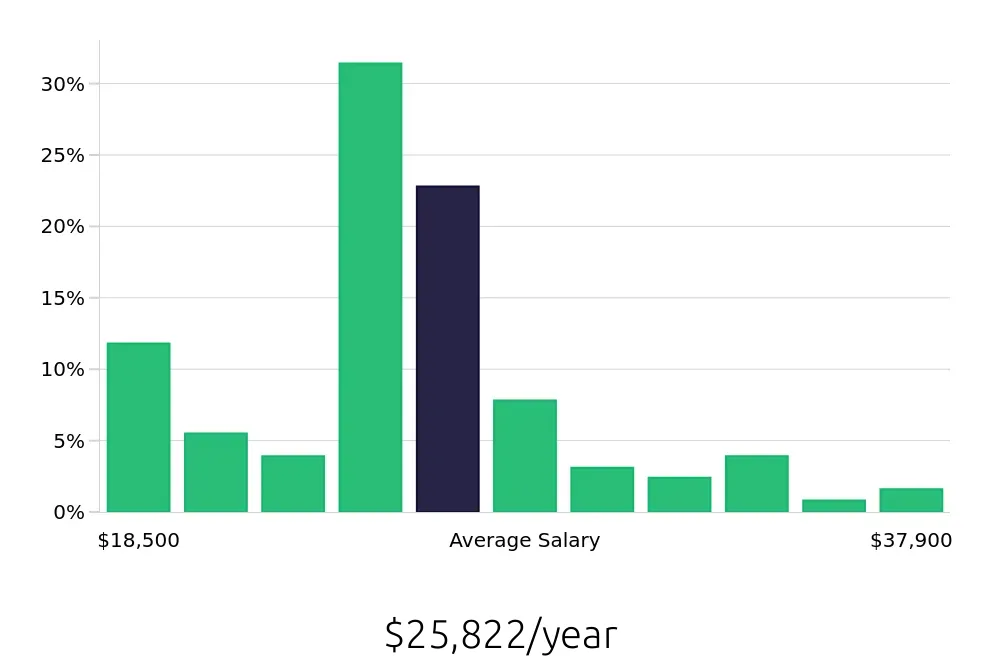 Graph depicting the yearly salary distribution for Team Member jobs in Morristown, TN, showing an average salary of $25,822 with varying distribution percentages across salary ranges.