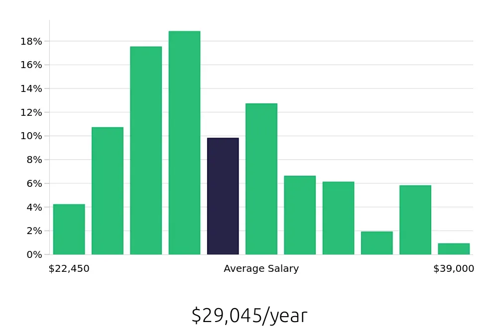 Graph depicting the yearly salary distribution for Team Member jobs in Mount Pleasant, SC, showing an average salary of $29,045 with varying distribution percentages across salary ranges.