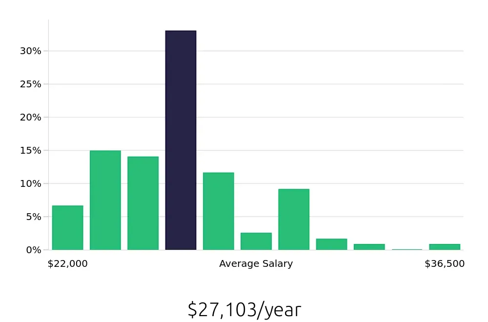 Graph depicting the yearly salary distribution for Team Member jobs in Muncie, IN, showing an average salary of $27,103 with varying distribution percentages across salary ranges.