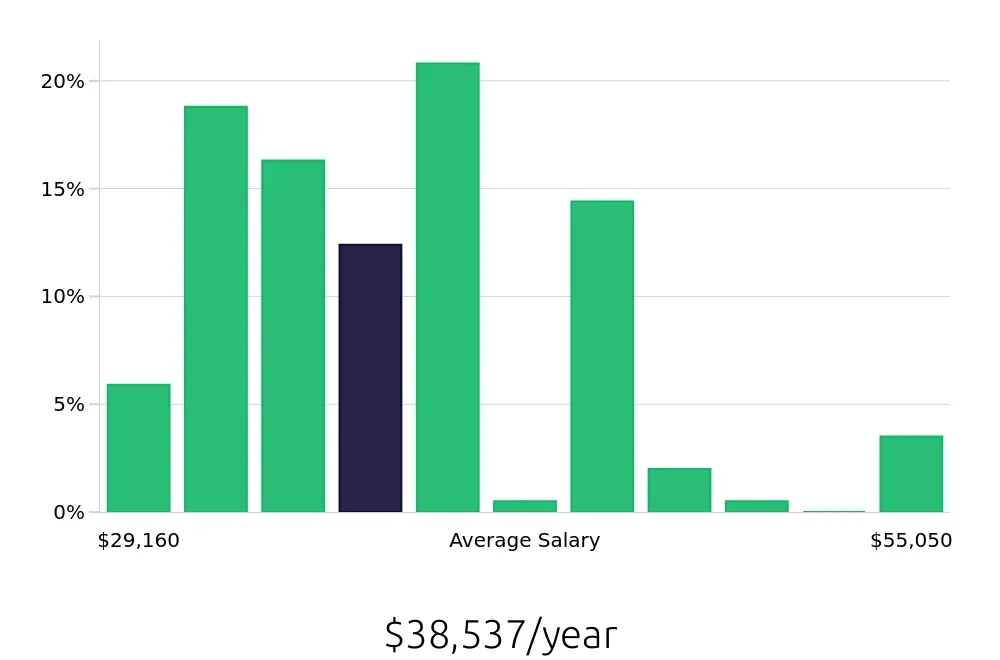 Graph depicting the yearly salary distribution for Team Member jobs in Napa, CA, showing an average salary of $38,537 with varying distribution percentages across salary ranges.