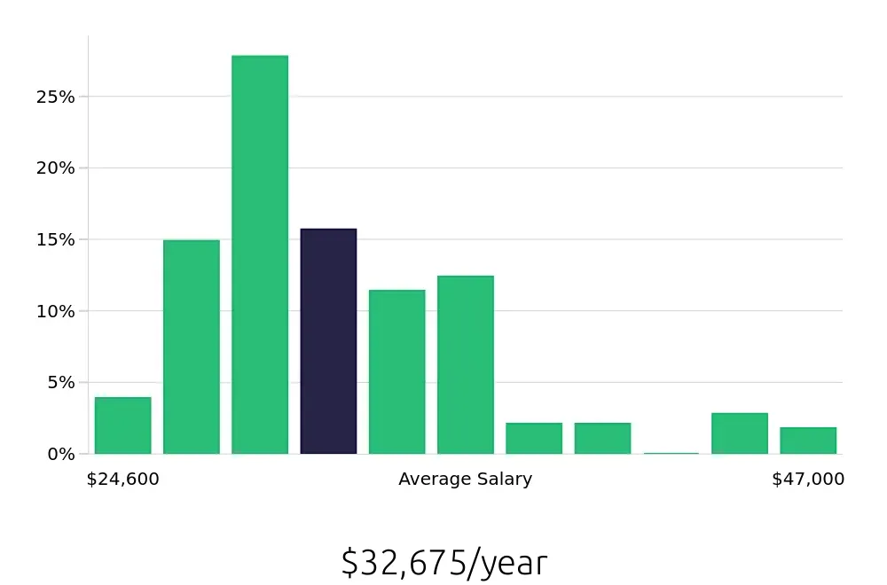 Graph depicting the yearly salary distribution for Team Member jobs in Nashua, NH, showing an average salary of $32,675 with varying distribution percentages across salary ranges.