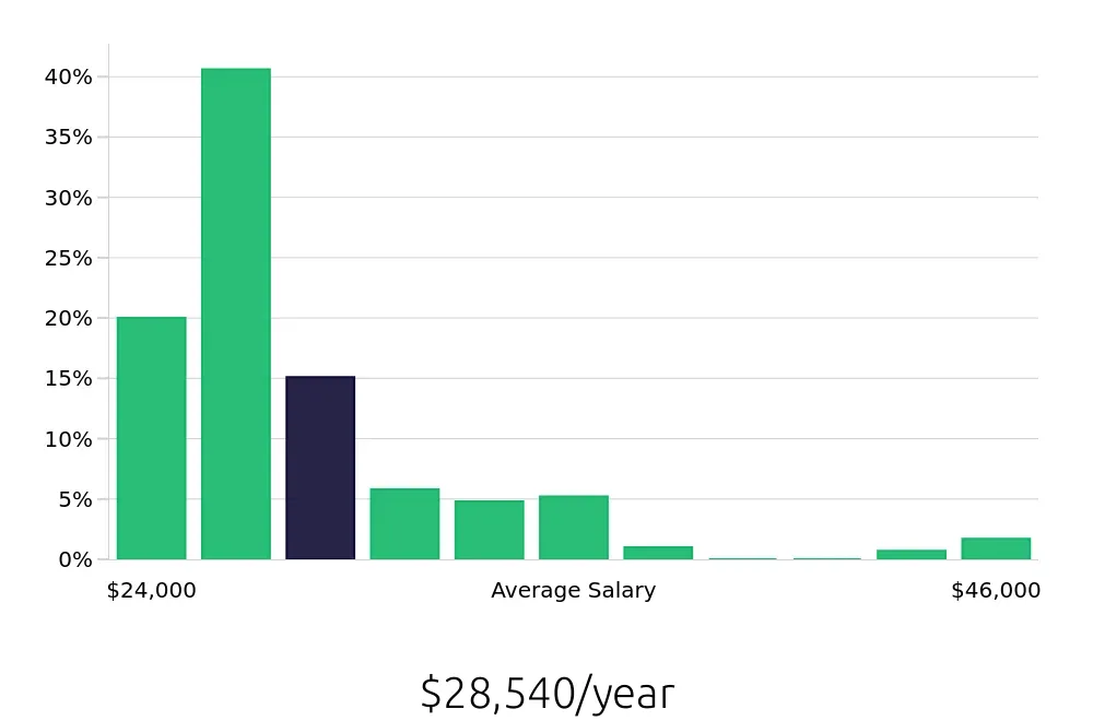 Graph depicting the yearly salary distribution for Team Member jobs in Newport News, VA, showing an average salary of $28,540 with varying distribution percentages across salary ranges.