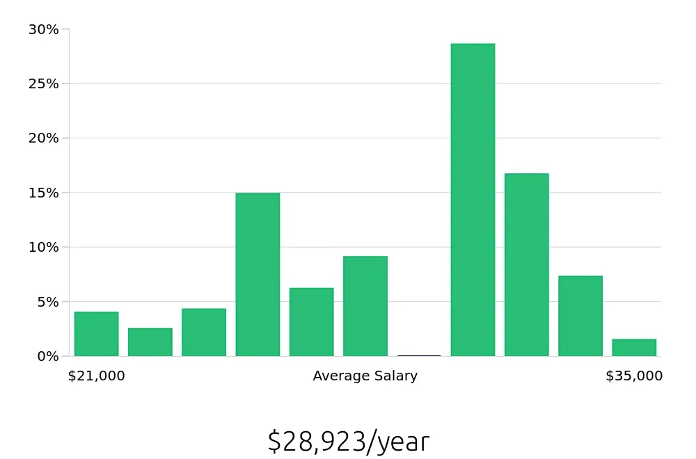 Graph depicting the yearly salary distribution for Team Member jobs in Noblesville, IN, showing an average salary of $28,923 with varying distribution percentages across salary ranges.
