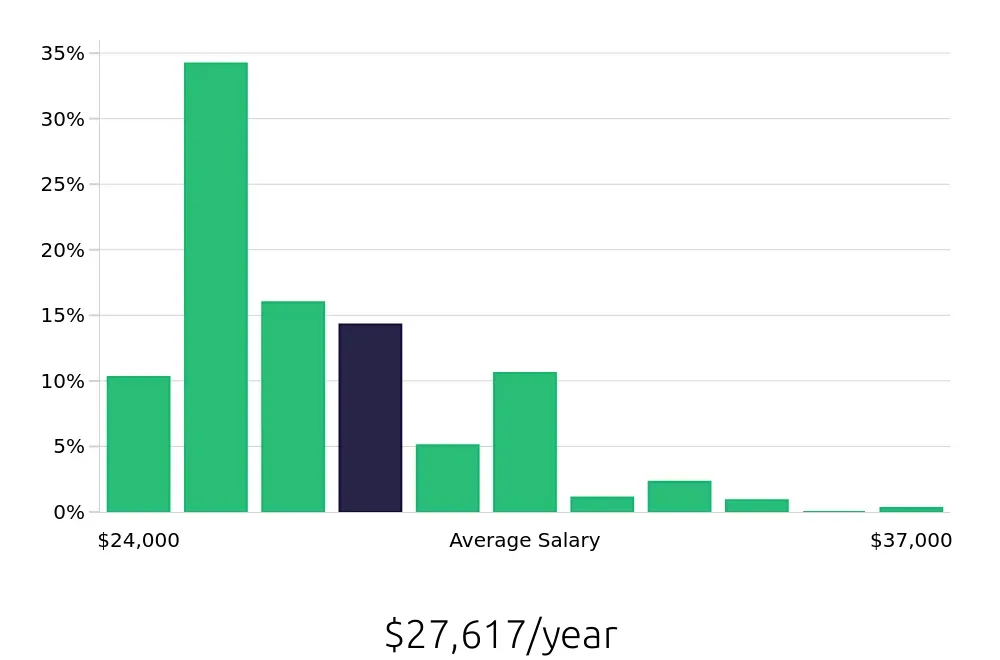 Graph depicting the yearly salary distribution for Team Member jobs in Norfolk, VA, showing an average salary of $27,617 with varying distribution percentages across salary ranges.