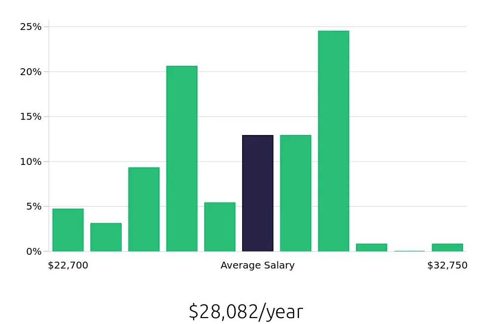 Graph depicting the yearly salary distribution for Team Member jobs in North Canton, OH, showing an average salary of $28,082 with varying distribution percentages across salary ranges.