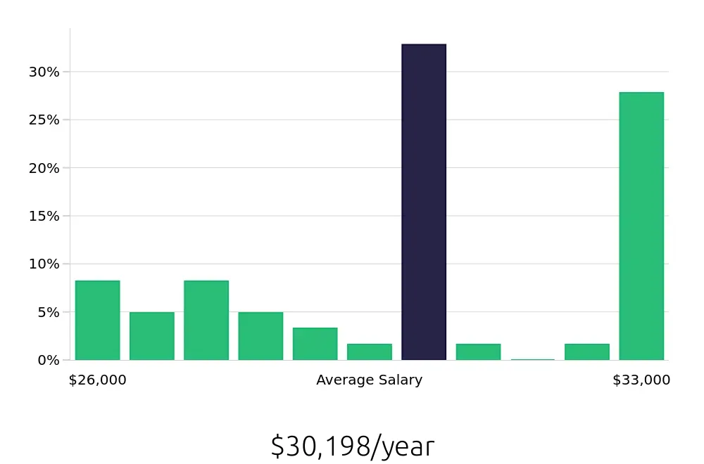 Graph depicting the yearly salary distribution for Team Member jobs in North Platte, NE, showing an average salary of $30,198 with varying distribution percentages across salary ranges.
