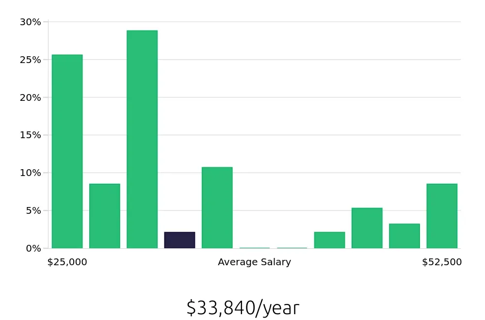 Graph depicting the yearly salary distribution for Team Member jobs in Novi, MI, showing an average salary of $33,840 with varying distribution percentages across salary ranges.