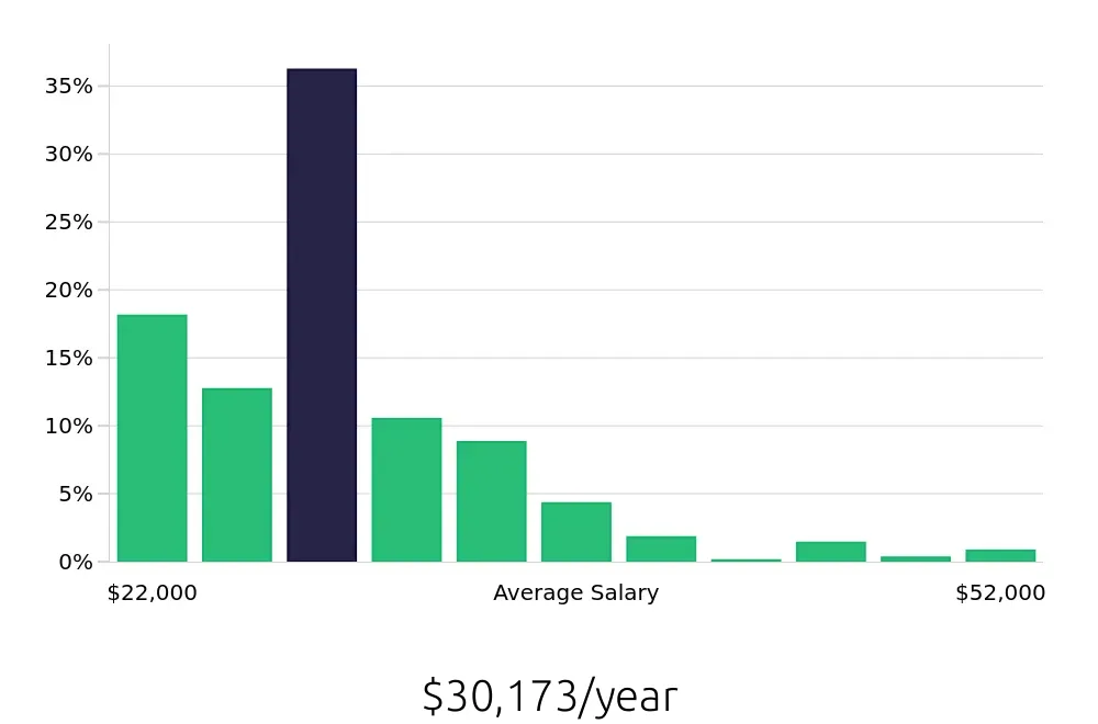 Graph depicting the yearly salary distribution for Team Member jobs in Omaha, NE, showing an average salary of $30,173 with varying distribution percentages across salary ranges.